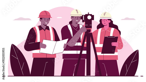 Diverse construction survey team of three in hard hats and safety vests work with a total station and documents.