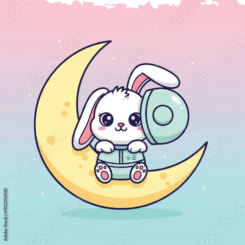 Cute Cartoon Rabbit Sitting on Crescent Moon.