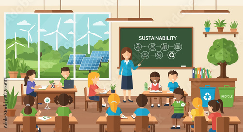 Teacher educating students about sustainability in modern classroom