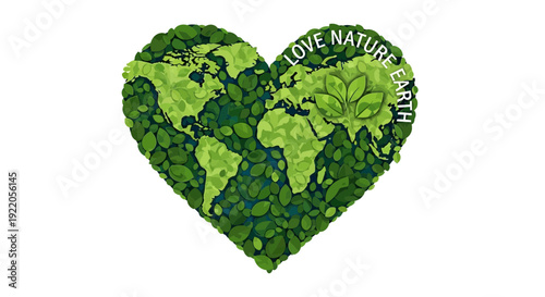 Green heart shaped earth with leaves and love nature earth text