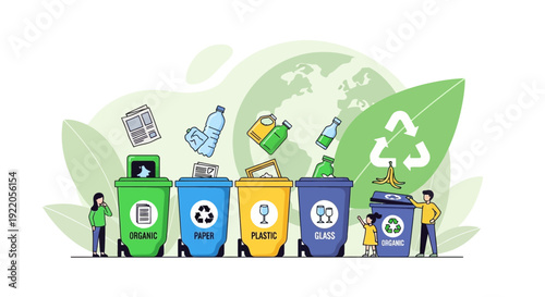People properly sorting recyclables in labeled waste bins