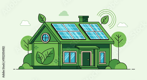 Eco friendly green house with solar panels on roof