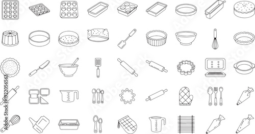 Collection of black and white line baking tools and pans on white background cooking kitchen