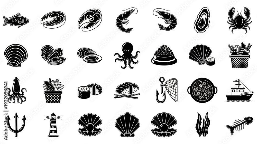 Fototapeta premium Collection of Seafood and Marine Life Icons.