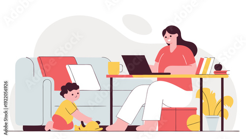 Smiling mother works on a laptop at a desk in her living room while her child plays on the floor.