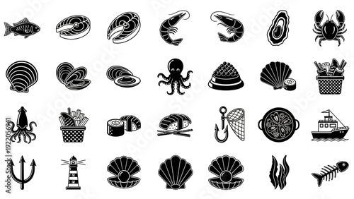Collection of Seafood and Marine Life Icons.