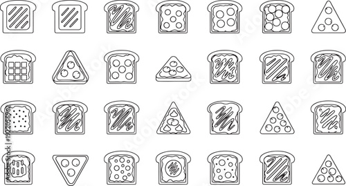 Collection of black and white outline of toast slices with various toppings bread food breakfast