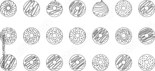 Collection of black and white outline of various donuts and frosted pastries doughnuts pastry sweet food