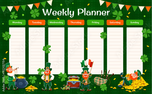 Weekly planner schedule template with Happy Saint Patrick's day holiday characters, vector week plan. St Patrick cartoon funny leprechauns and Irish flags on weekly schedule planner or to do organizer