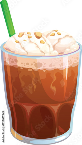 Frappe coffee or cold dessert drink in glass cup with drinking straw, cartoon vector. Frappe iced coffee or cappuccino freddo sweet dessert drink with milky foam froth and nuts or caramel flavor