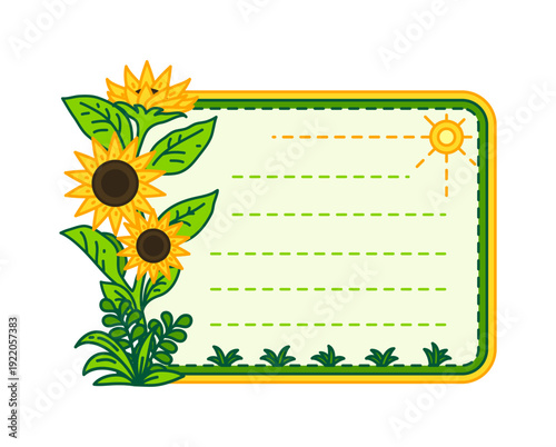 Kids memo note frame with sunflower flowers plant for sticker, cartoon vector. Kids memo note or adhesive label and message sticker with sun and sunflowers for daily tasks planner or memo notice