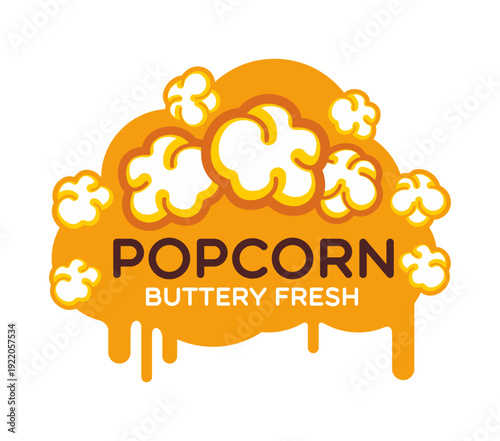 Popcorn icon of cinema pop corn for movie theater snack bar menu, vector label. Popcorn splash of pop corn kernels in sweet caramel melt with yellow butter drips for cinema theater and movie snack