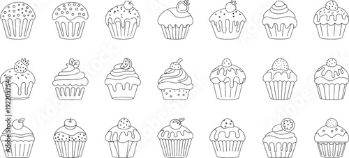 Collection of hand drawn black and white outline cupcakes with various toppings muffins baking dessert