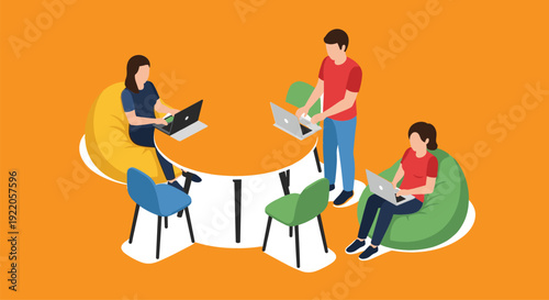 Teamwork and Coworking Concept Vector Illustration with People Using Laptops Collaboration Remote Work Startup Office Flat Design