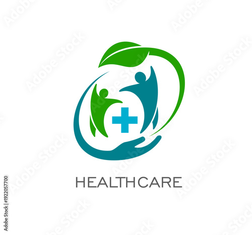 Pharmacy and health care icon with dancing family, a supportive hand, a protective leaf, and a medical cross, symbolizing holistic health and community care. Vector emblem for family health centers