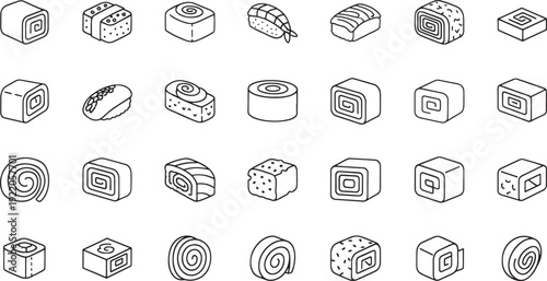 Collection of isometric line sushi rolls and nigiri maki sashimi