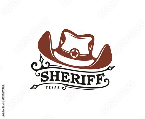Wild West and western Texas sheriff icon or symbol. Texas history symbol, US Wild West vector emblem. American sheriff sign or USA Western icon with cowboy hat and vintage typography