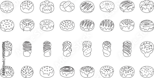 Collection of outline of various donuts and sweet bread rolls doughnut pastry baked goods