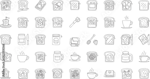 Assortment of hand drawn toast with various toppings and coffee cups bread breakfast food outline