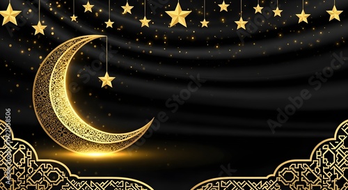 Luxury Ramadan Kareem Background with Golden Crescent and Lanterns