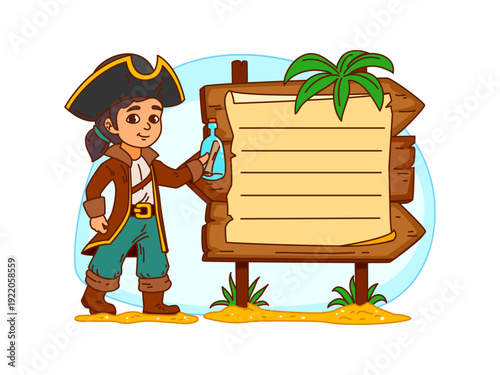 Pirate kids memo note frame with corsair sailor character, cartoon vector message label. Kids memo note sticker or notepad paper sheet with Caribbean pirate boy or girl captain with message in bottle