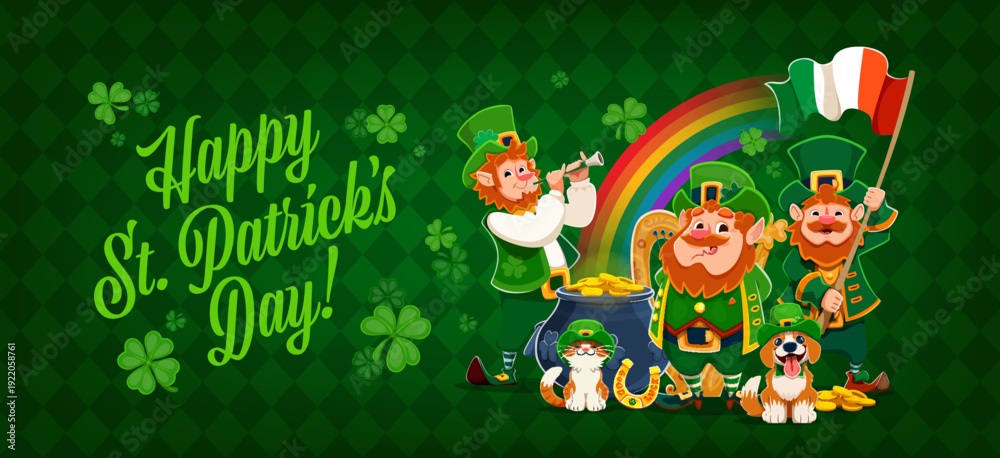 Naklejka premium Happy St Patrick's day holiday greeting card with funny leprechauns, cartoon vector banner. St Patrick Irish holiday leprechaun characters with Ireland flag, gold coins pot, horseshoe and shamrocks