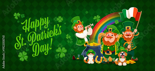 Happy St Patrick's day holiday greeting card with funny leprechauns, cartoon vector banner. St Patrick Irish holiday leprechaun characters with Ireland flag, gold coins pot, horseshoe and shamrocks