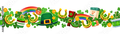 Seamless border with happy St Patrick's day shamrock clovers and objects, horseshoes, rainbow, gold coins and leprechaun hat, Irish boot, calendar page with 17 March. Festive horizontal holiday banner
