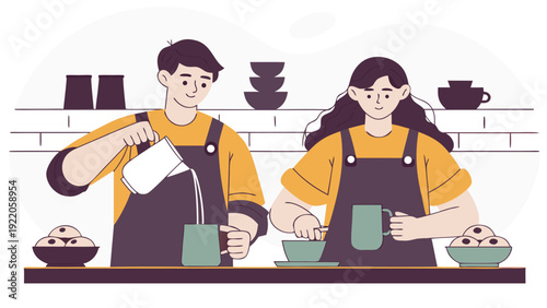 Young male and female baristas in aprons pour milk and prepare orders behind a counter in a coffee shop.