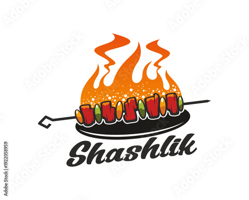 Shashlik grill meal cafe icon or restaurant badge. Skewer meat BBQ badge, Turkish cuisine shashlik vector emblem. Roasted kebab icon with meat and vegetables on skewer, fire and handwritten typography