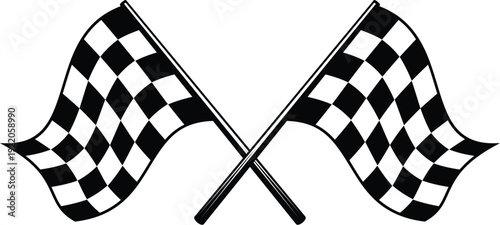 Vehicle race sport finish crossed flags. Bike race motorsport winning element, speed competition finish vector pennant. Automobile road racing championship victory checkered flag or symbol