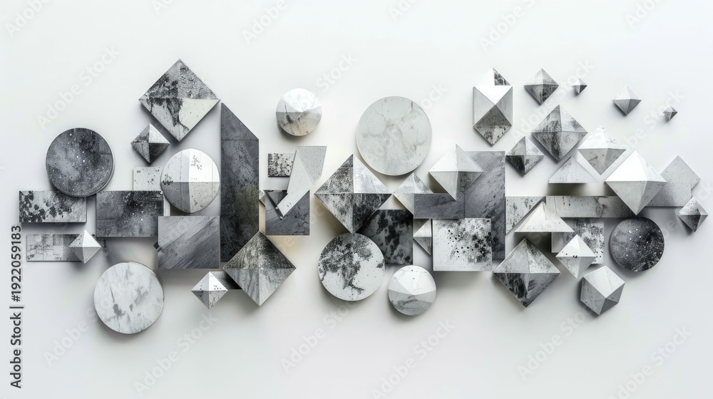 Fototapeta premium Abstract arrangement of diverse 3D geometric shapes with marble texture creatively composed and layered against a clean white background for modern graphic design