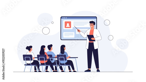 Teacher Presenting Lesson on Screen to Students in Classroom