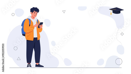 Student with backpack and smartphone, graduation cap on white background