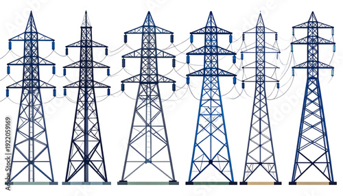 Series of electrical transmission towers against a sky background isolated on transparent background