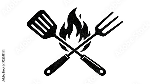 Crossed grill tools and fire flame logo for a barbecue party concept.