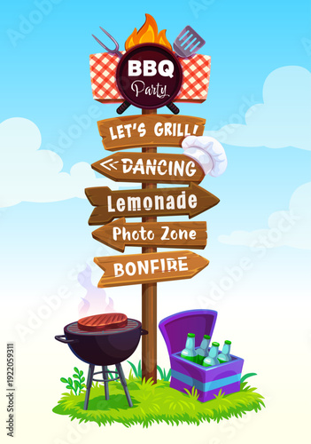 Barbeque party wooden sign board, bbq directional sign yard with vector grill and barbecue signboards. Cartoon post with arrow shaped wooden boards, barbeque chef hat, grilled meat, beer and bbq fork