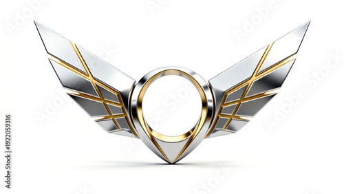 Silver metallic wing emblem with gold circle for a hero badge design.