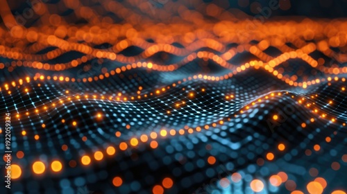 Futuristic abstract visualization of a digital network grid with undulating waves illuminated by bright orange glowing particles symbolizing data processing and advanced technology