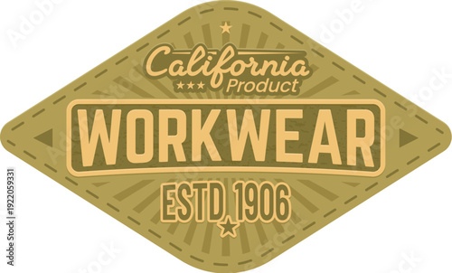 Denim jeans leather patch label, vintage workwear tag with bold typography, earthy tones, and stitched diamond shape. Vector badge for branding apparel, heritage clothing or retro industrial fashion