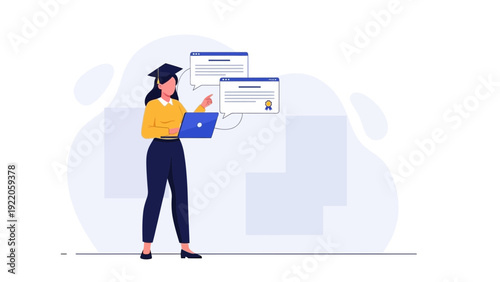 Student with Laptop Learning Online, E-learning Graduation Certificate