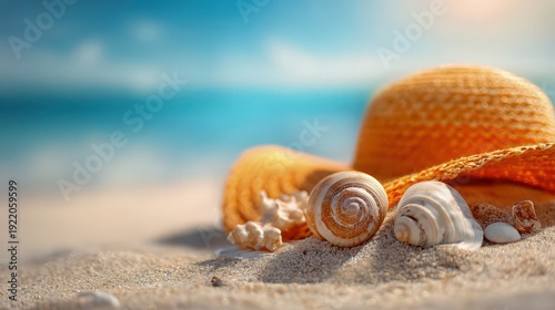 Beach Scene with Straw Hat and Seashells near Ocean Shoreline
