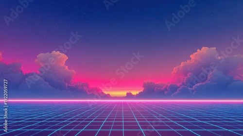 Vibrant Sunset with Neon Grid and Dreamy Cloudy Sky Scenery