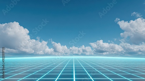 Expansive Sky with Bright Clouds Over Neon Gridded Horizon