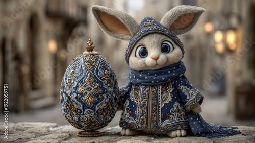 An adorable big-eyed bunny dressed in intricate blue robes poses with an elaborately patterned egg in a quaint stone street, perfect for fantasy, holiday, or children?s themes.