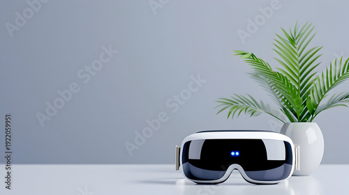 Modern virtual reality headset with glowing blue lights on white table next to potted plant