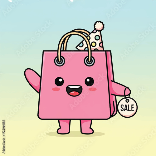 Pink Shopping Bag Character with Party Hat.