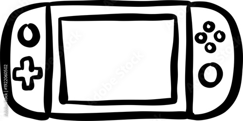 Doodle-style hand-drawn line art of a handheld game console - minimalist sketch for tech, gaming and education use