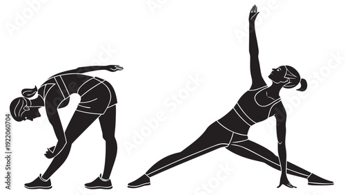 Women in dynamic yoga poses, stretching and exercising