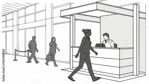 Modern office reception with professional staff and visitors